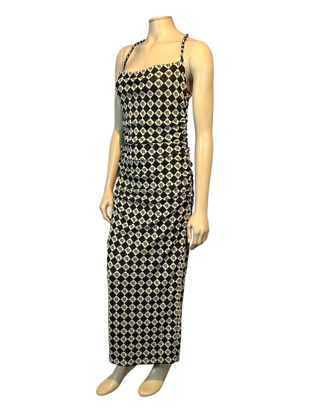 NWT Nanushka Alexa Diamond Monogram Ruched fitted midi dress